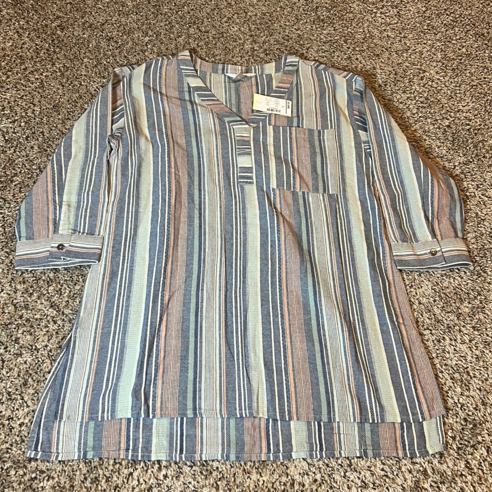 Christopher & Banks Striped V-Neck Tunic Top Women Size S Peach Blue White